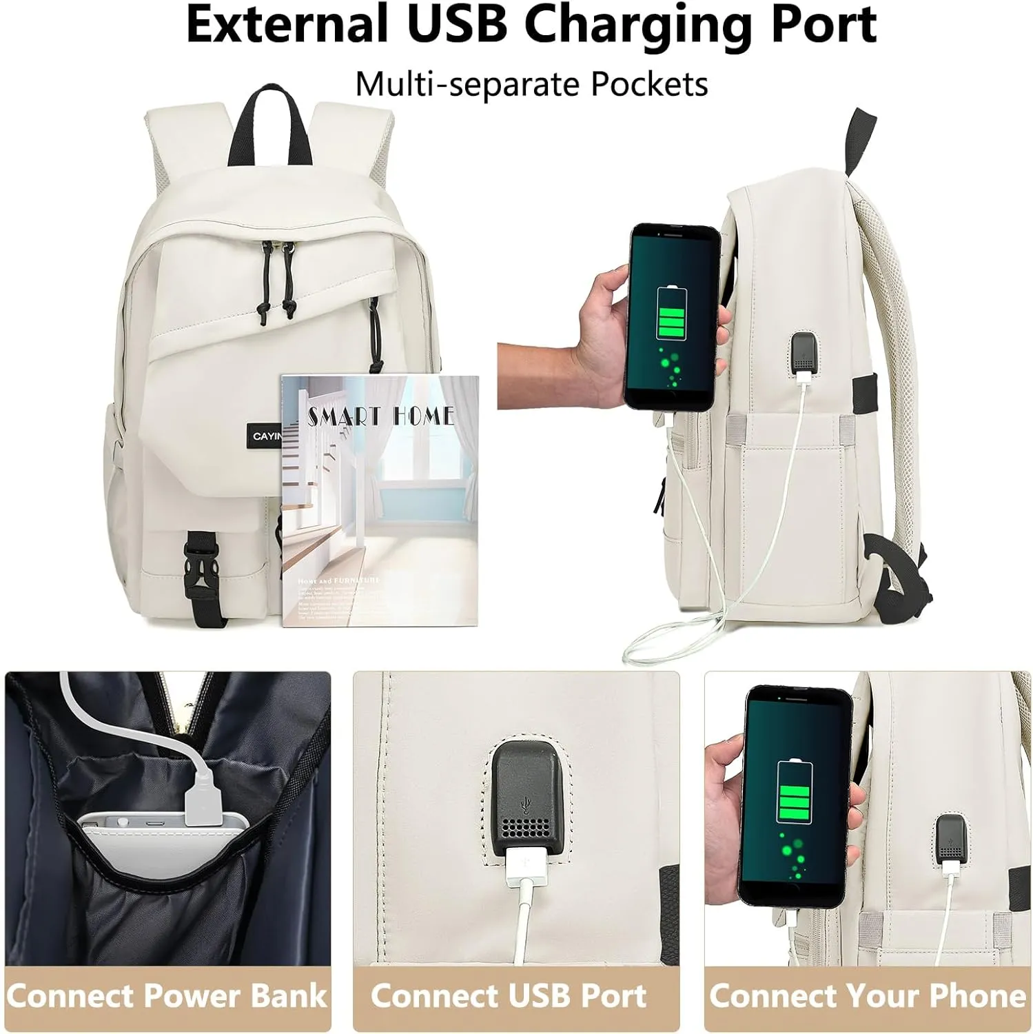School Backpack Students Bookbag: 15.6 Inch Laptop Backpack for Women College Bag with USB Charging Port Backpack for Girls Teens and Boys School Bag for Women Beige Khaki