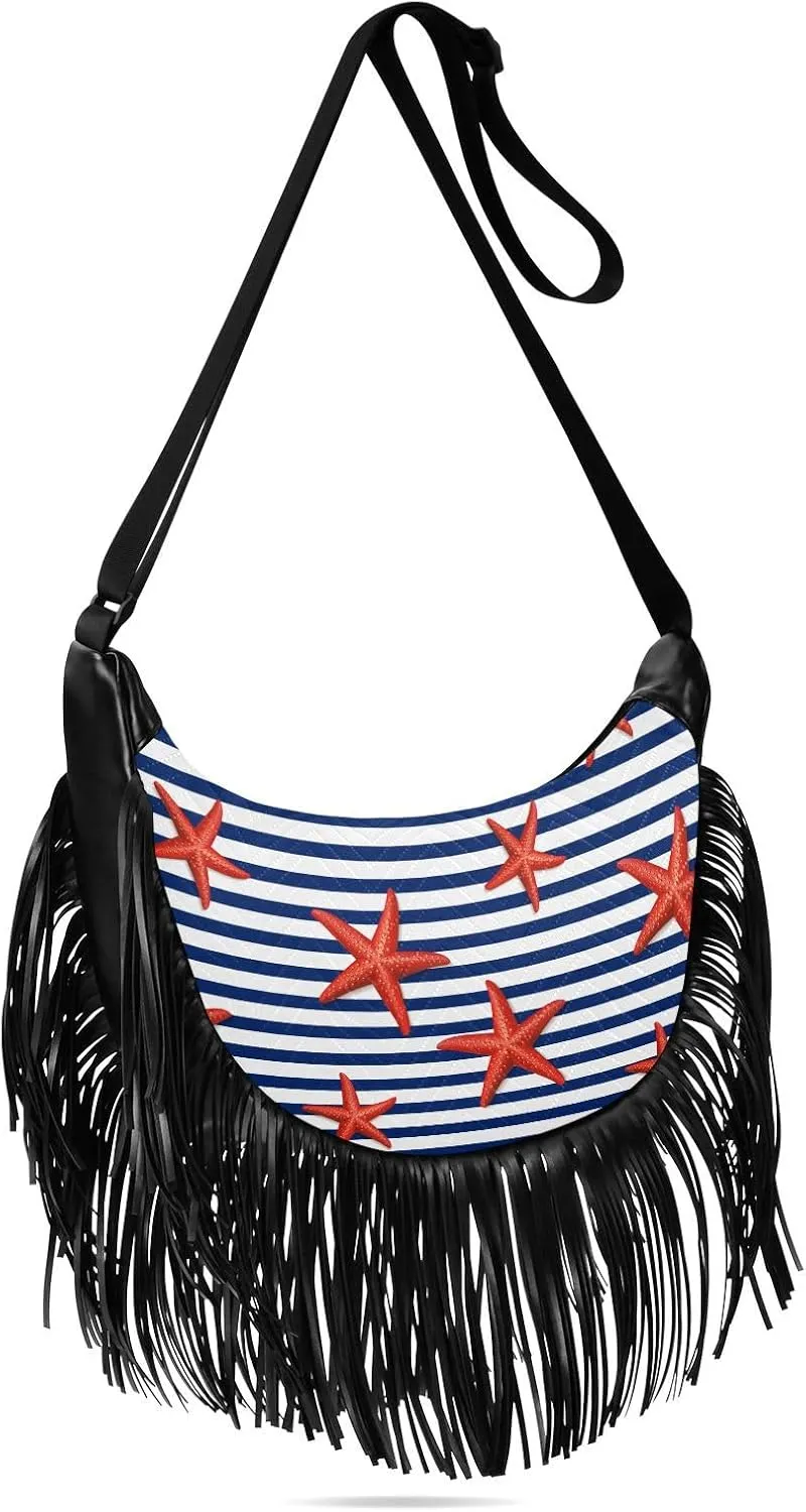 Sea Starfish Blue Striped Fringe Bag for Women Cross Body Bag Tassel Shoulder Bag Satchel