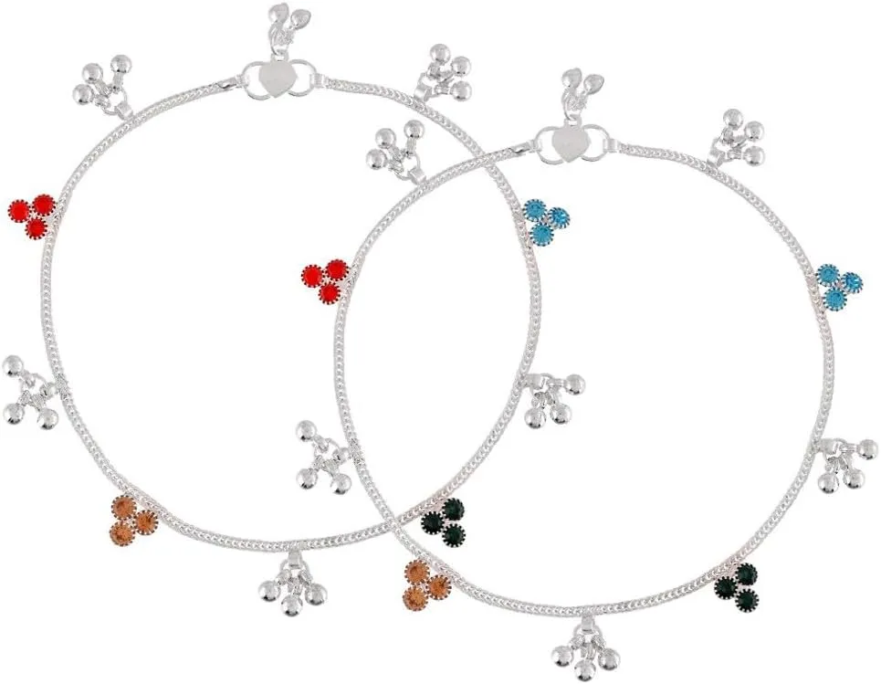 Set Of 2 Silver-Plated Layered Anklets Pair of silver plated & stone studded layered anklets secured with a s-hook closure
