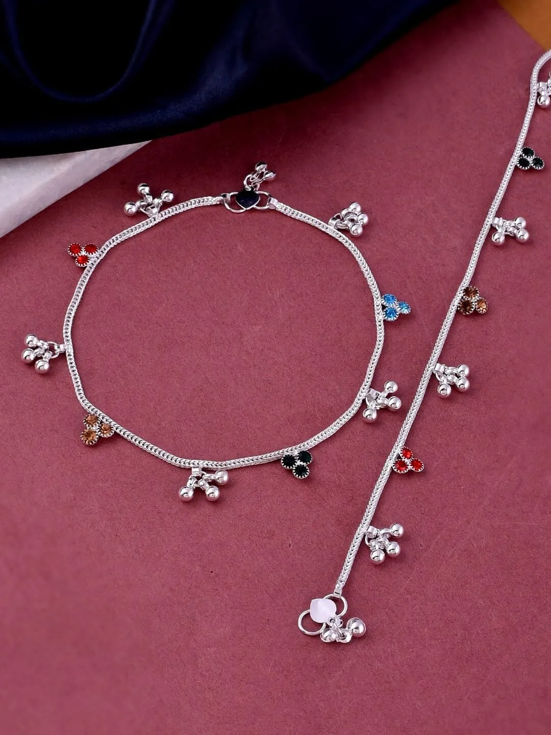 Set Of 2 Silver-Plated Layered Anklets Pair of silver plated & stone studded layered anklets secured with a s-hook closure