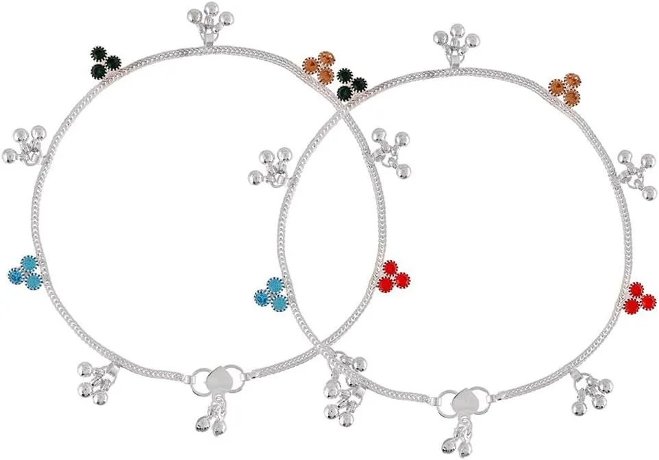 Set Of 2 Silver-Plated Layered Anklets Pair of silver plated & stone studded layered anklets secured with a s-hook closure