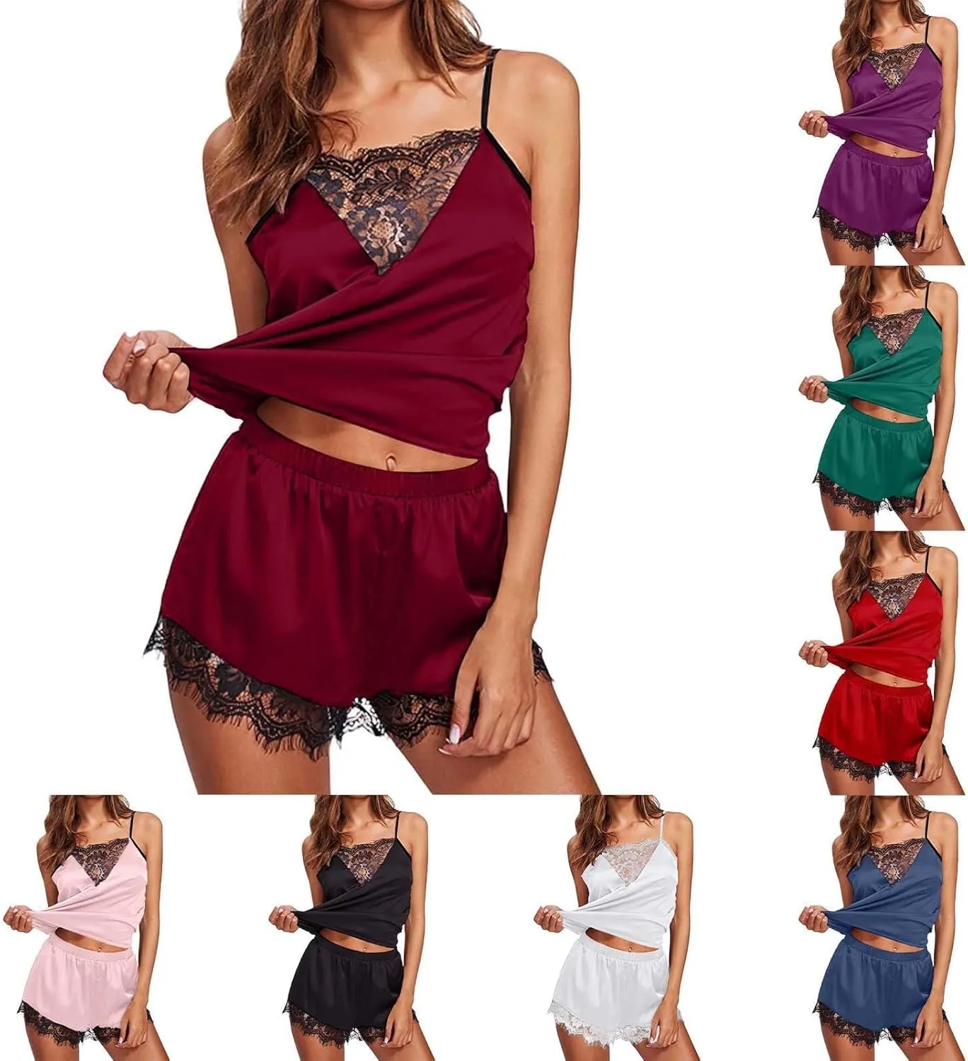 Sexy Lace Pajamas for Women Sets 2 Piece Strap Pj Soft Camisole Top Sleeveless Tank and Shorts Sleepwear Set Bridal Pajama