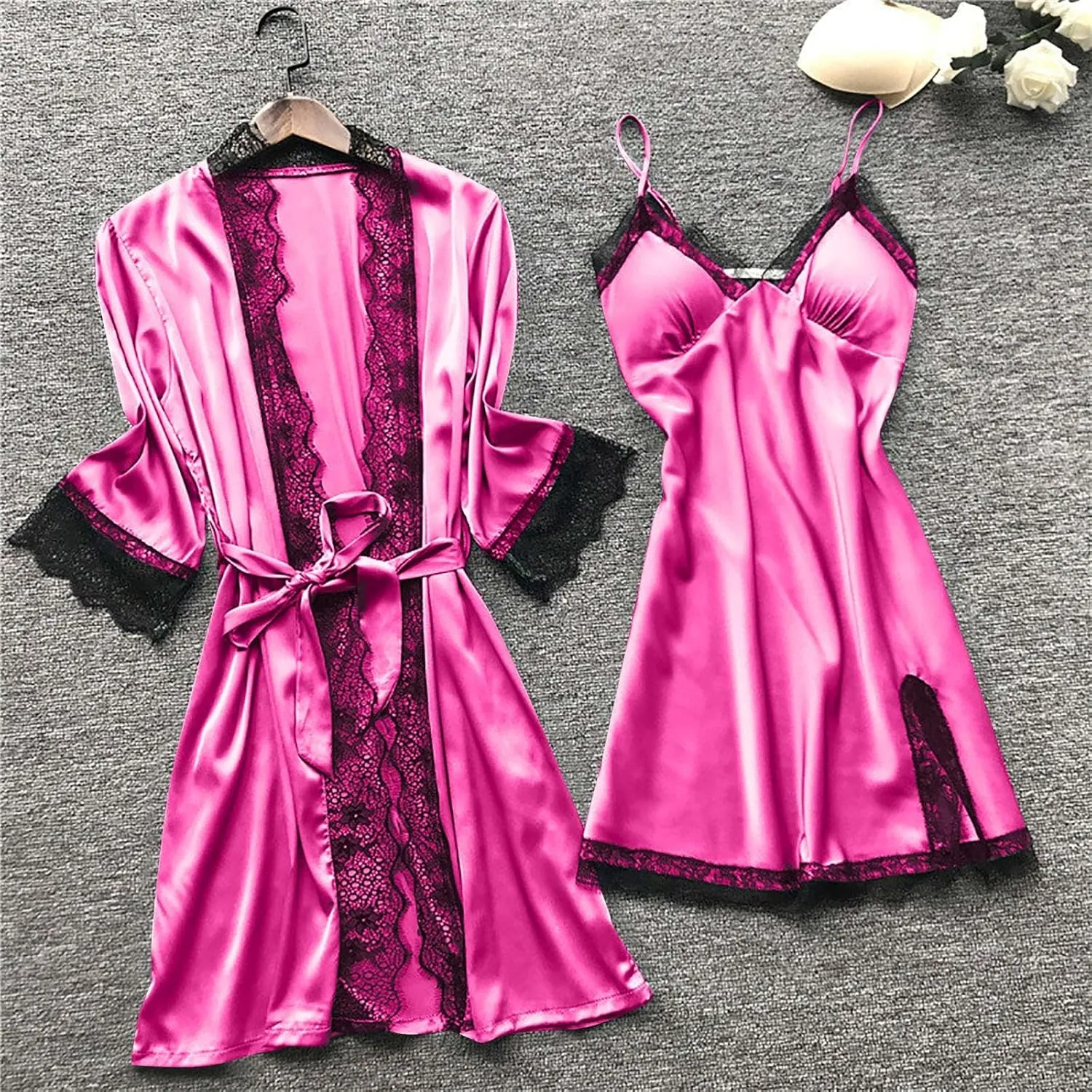 Sexy Pajamas Set for Women 2024 Satin Silk Robe Drawstring Lace Hem Camisole and Short Dress Lounge Pant Pjs Set