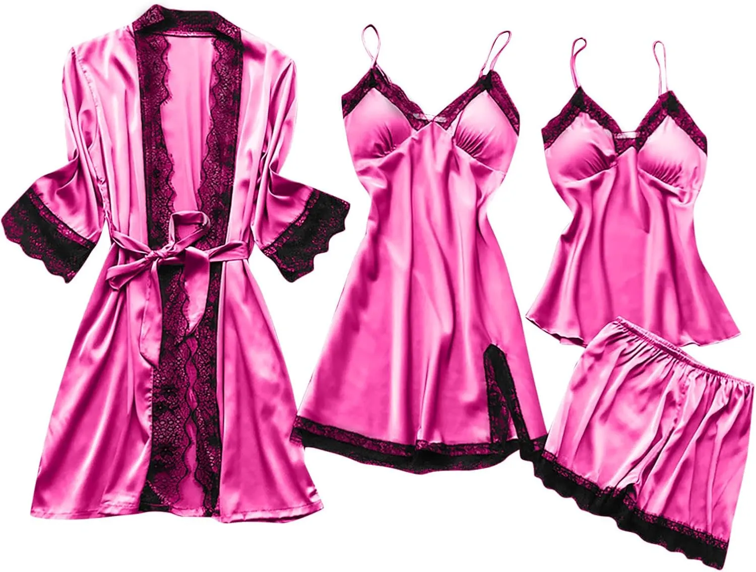 Sexy Pajamas Set for Women 2024 Satin Silk Robe Drawstring Lace Hem Camisole and Short Dress Lounge Pant Pjs Set