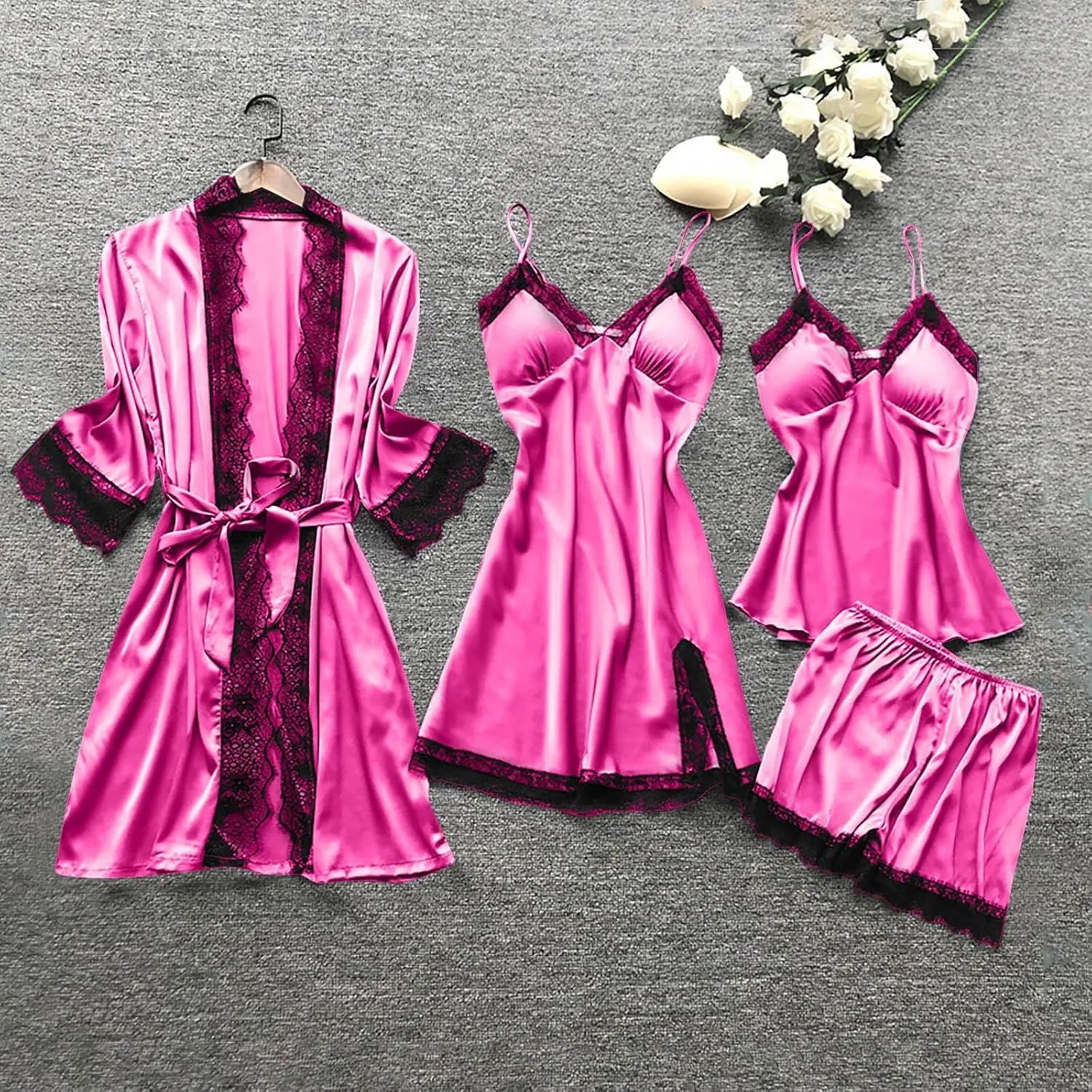 Sexy Pajamas Set for Women 2024 Satin Silk Robe Drawstring Lace Hem Camisole and Short Dress Lounge Pant Pjs Set