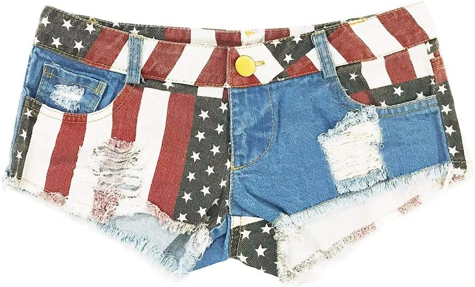 Sexyshine Women's Sexy Low Waist Rise Hot Pants American Flag High Cut Mini Denim Beach Clubwear Shorts