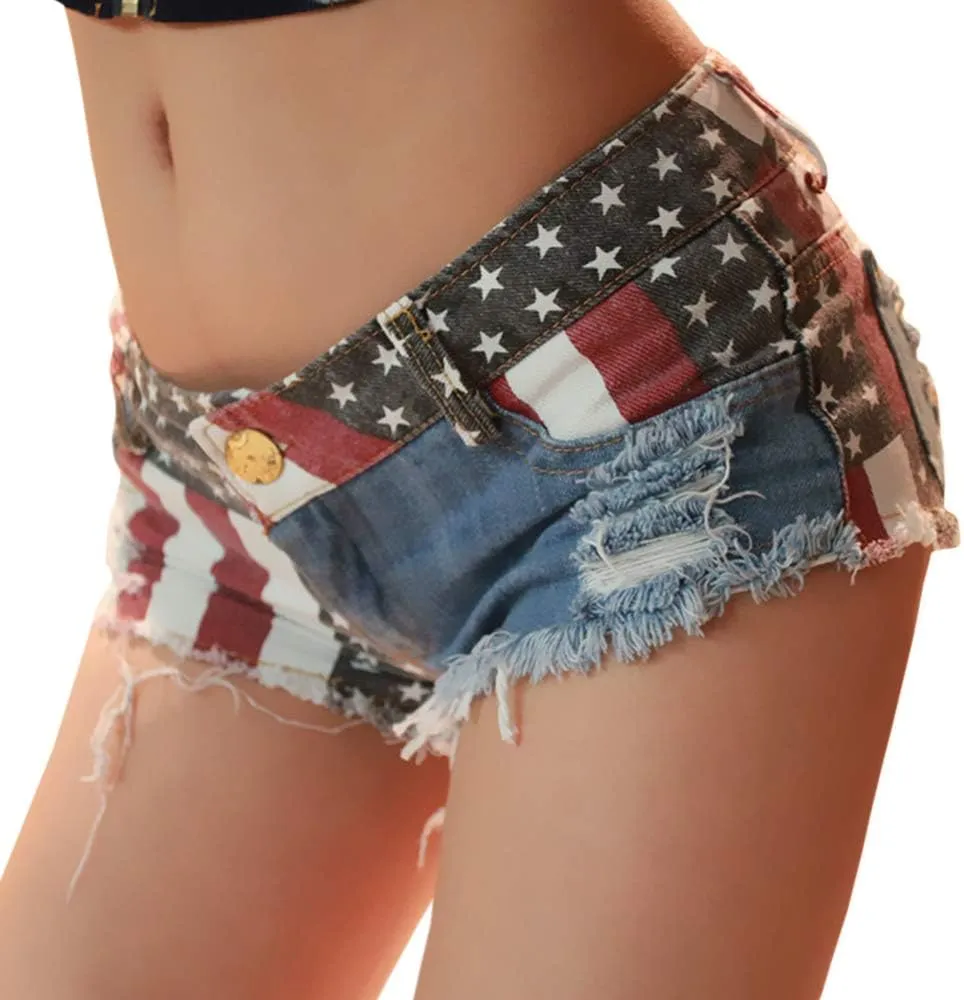 Sexyshine Women's Sexy Low Waist Rise Hot Pants American Flag High Cut Mini Denim Beach Clubwear Shorts