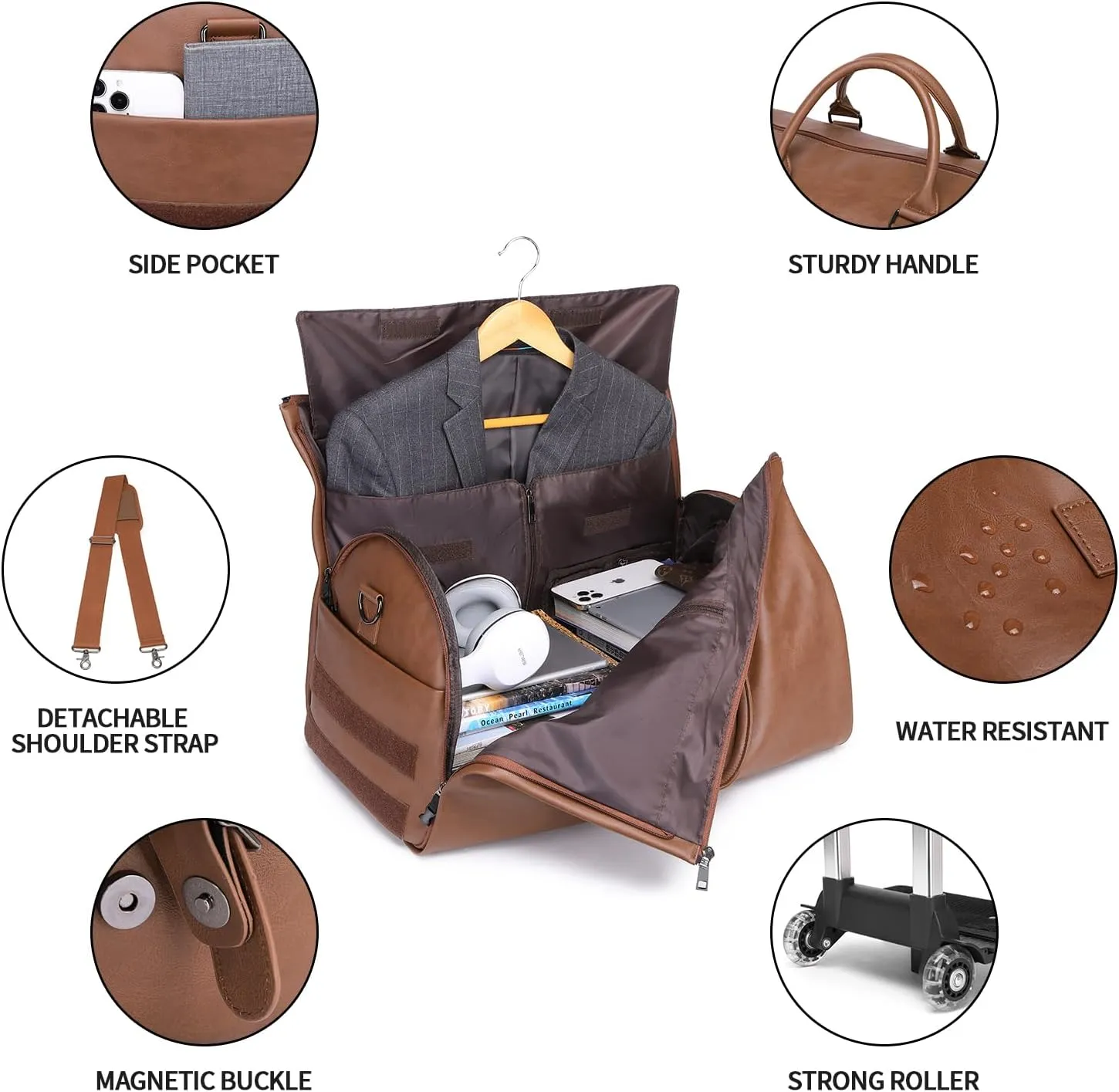 seyfocnia Rolling Garment Bag,Convertible Wheeled Garment Bag with Shoe Compartment for Travel Overnight Carry On Duffle Bag-Brown