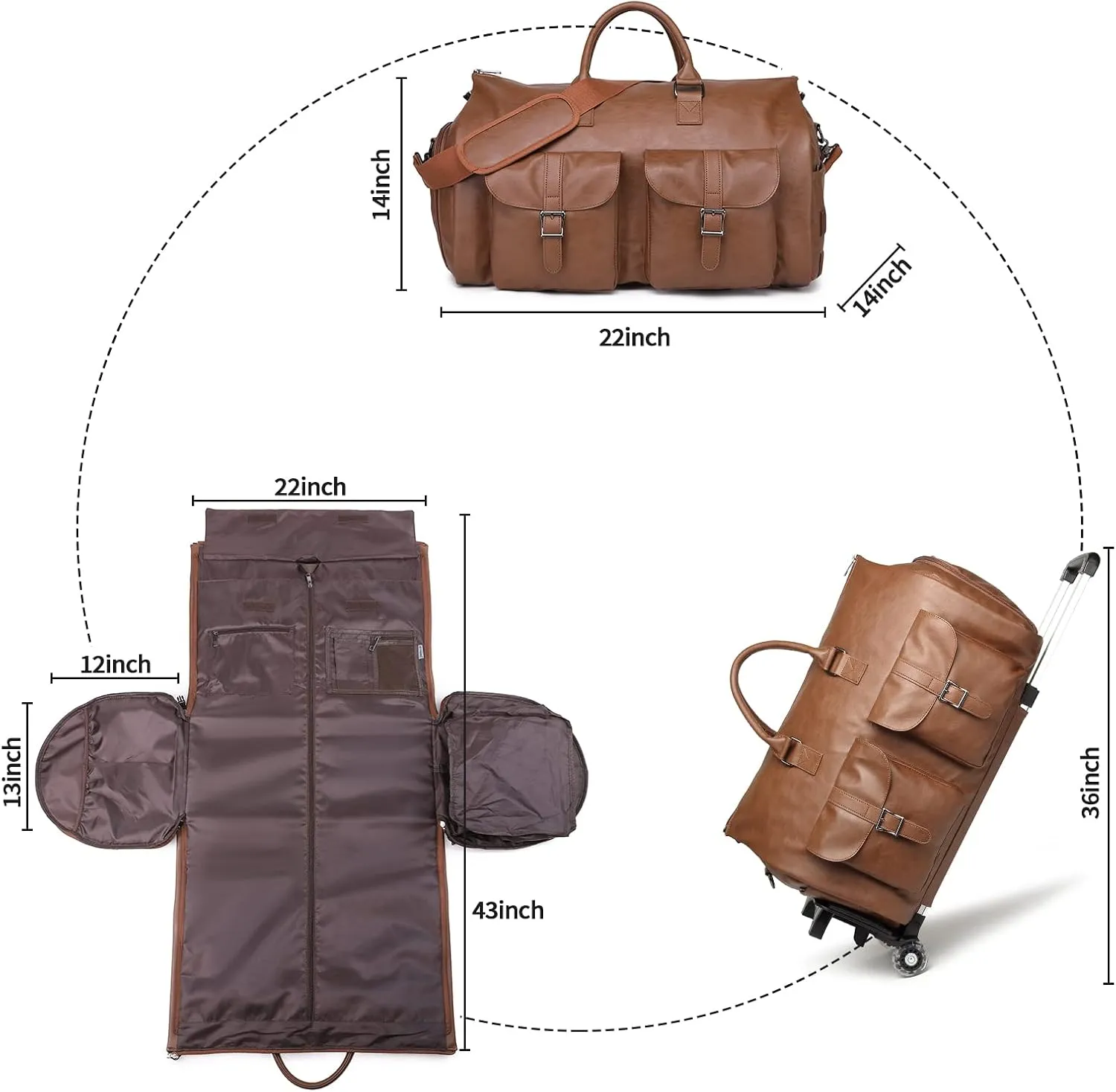 seyfocnia Rolling Garment Bag,Convertible Wheeled Garment Bag with Shoe Compartment for Travel Overnight Carry On Duffle Bag-Brown
