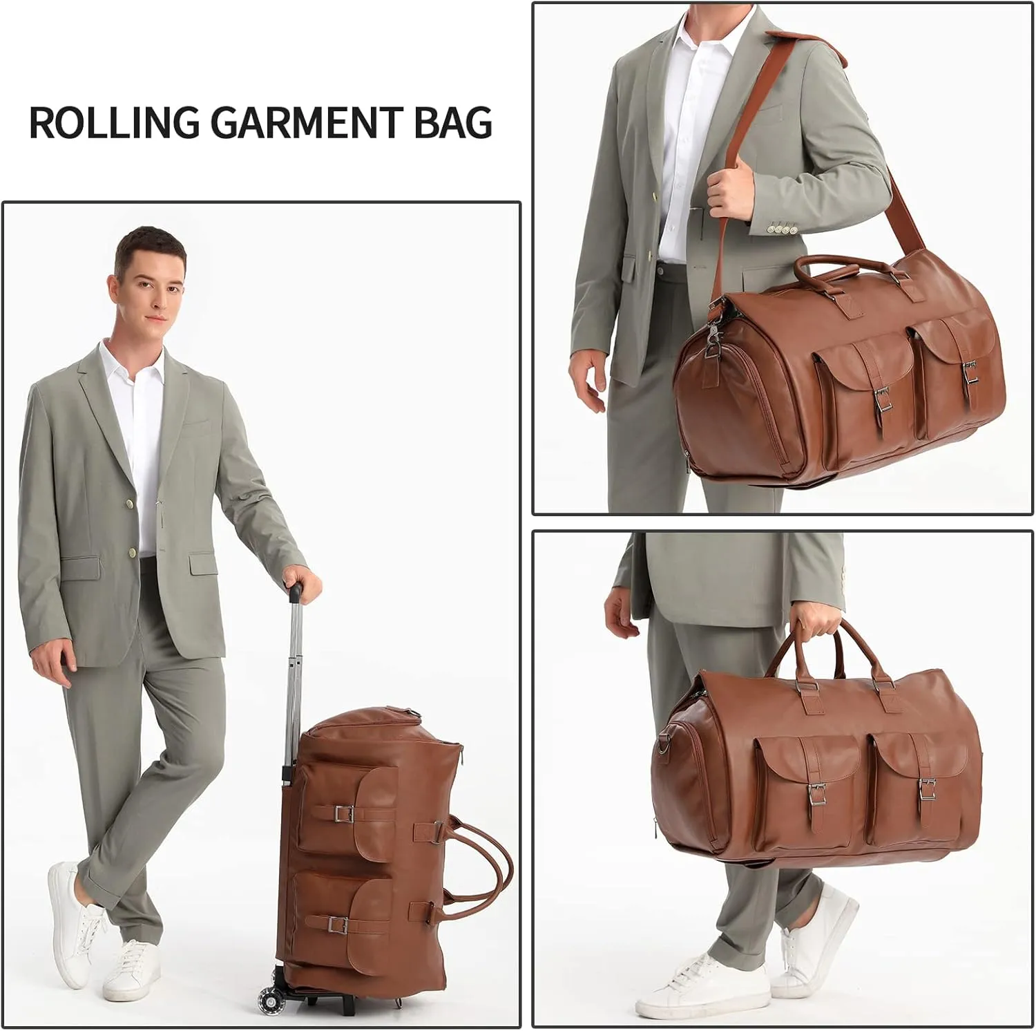 seyfocnia Rolling Garment Bag,Convertible Wheeled Garment Bag with Shoe Compartment for Travel Overnight Carry On Duffle Bag-Brown