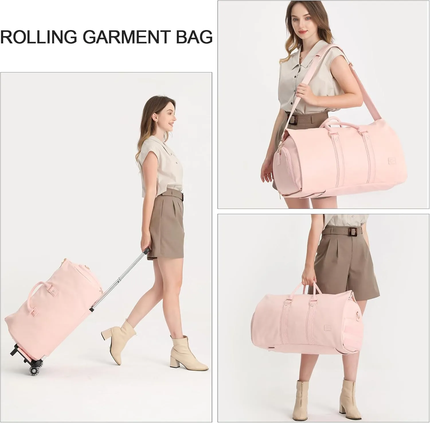 seyfocnia Rolling Garment Bag,Convertible Wheeled Garment Bag with Shoe Compartment for Travel Overnight Carry On Duffle Bag-Pink