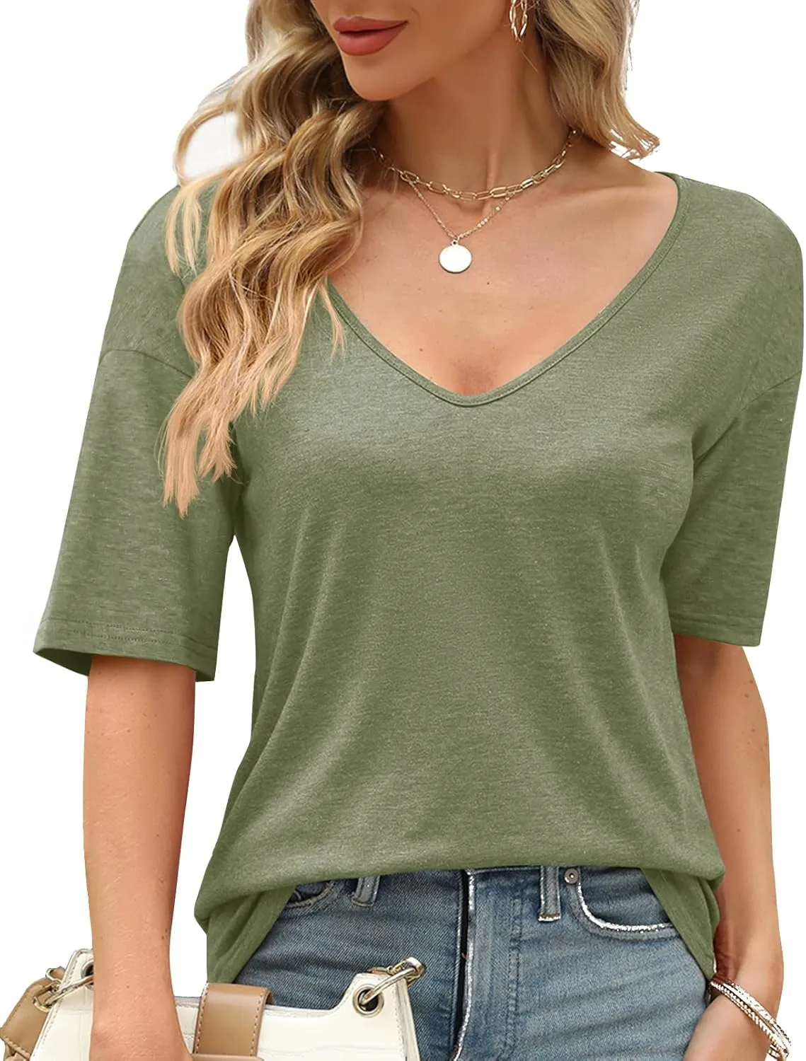 Sherosa Womens T Shirts V-Neck Half Sleeve Loose Fit Shirts Casual Solid Basic Tops