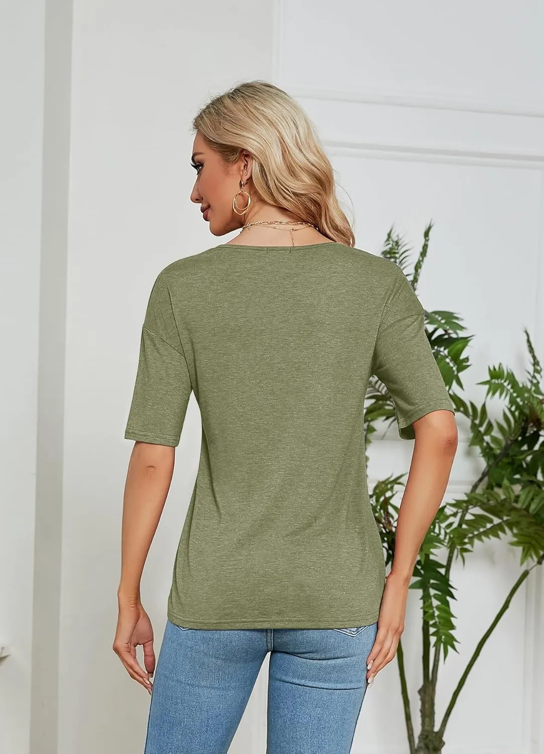Sherosa Womens T Shirts V-Neck Half Sleeve Loose Fit Shirts Casual Solid Basic Tops