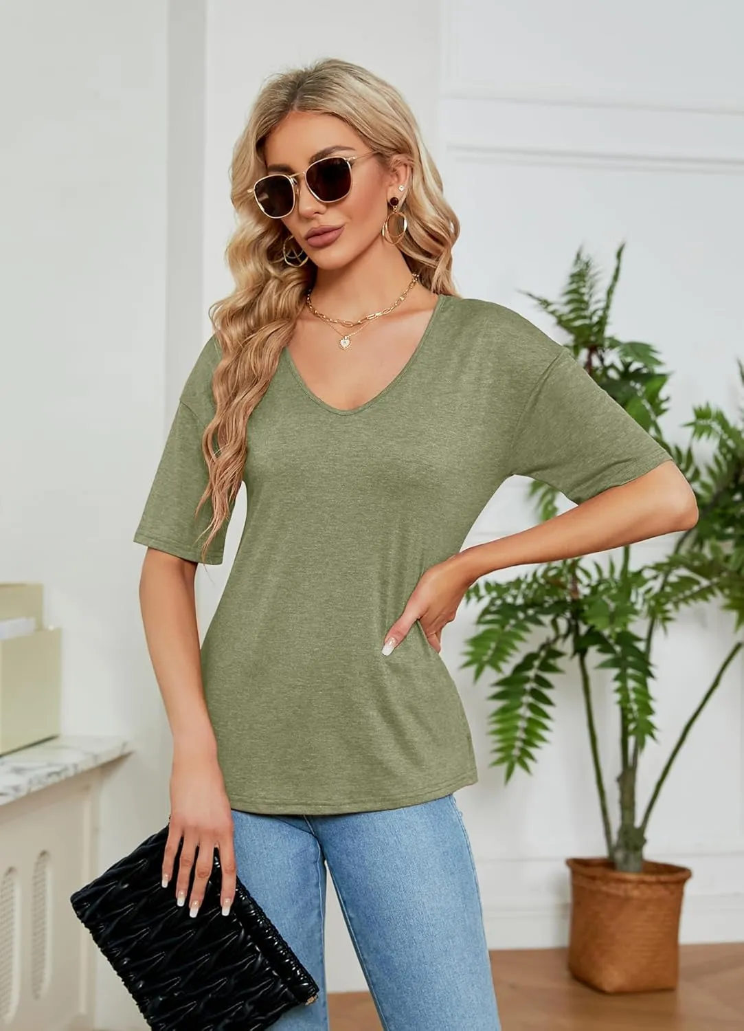 Sherosa Womens T Shirts V-Neck Half Sleeve Loose Fit Shirts Casual Solid Basic Tops