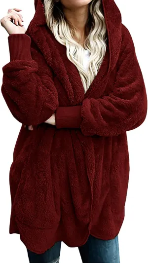 Sherpa Jacket Women Oversized Hooded Fuzzy Fleece Jackets with Pocket Warm Cozy Hoodie Cardigan Coat Plus Size