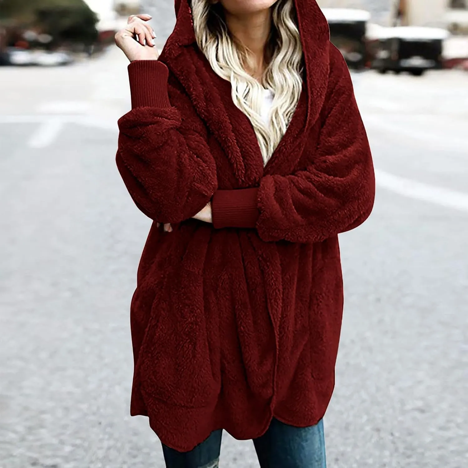 Sherpa Jacket Women Oversized Hooded Fuzzy Fleece Jackets with Pocket Warm Cozy Hoodie Cardigan Coat Plus Size