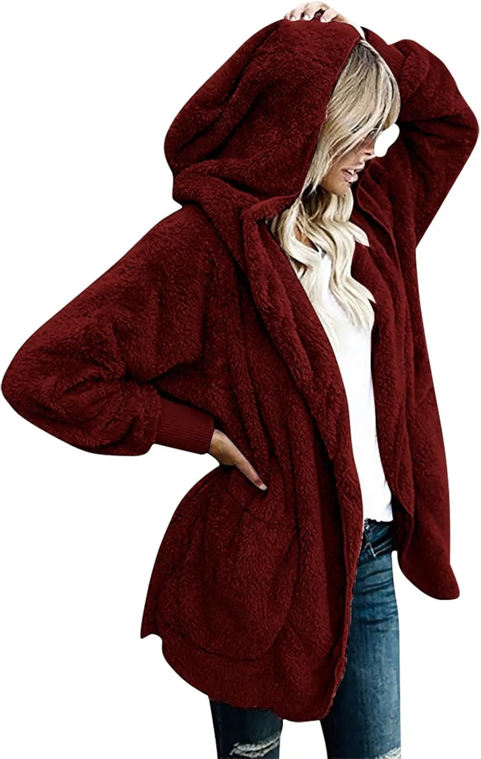 Sherpa Jacket Women Oversized Hooded Fuzzy Fleece Jackets with Pocket Warm Cozy Hoodie Cardigan Coat Plus Size