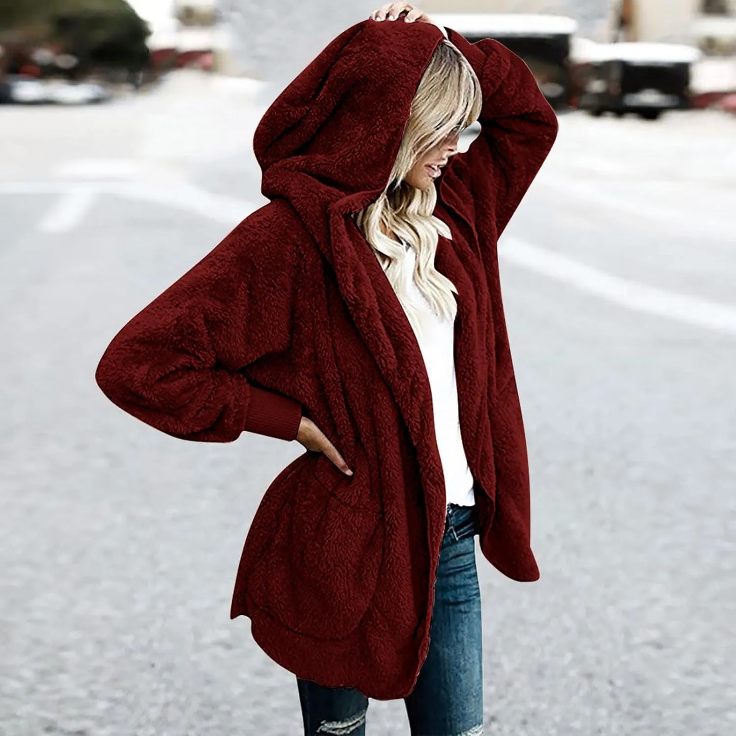 Sherpa Jacket Women Oversized Hooded Fuzzy Fleece Jackets with Pocket Warm Cozy Hoodie Cardigan Coat Plus Size
