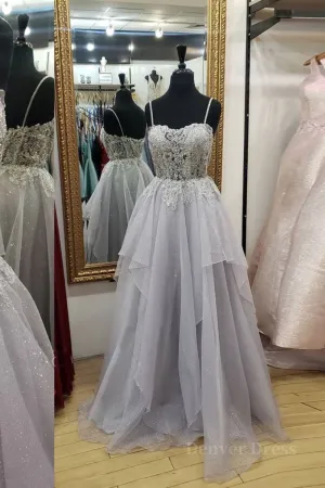 Shiny Open Back Gray Lace Long Prom Dresses Gray Lace Formal Dresses Long Grey Evening Dresses