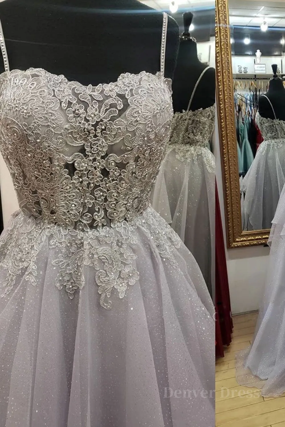 Shiny Open Back Gray Lace Long Prom Dresses Gray Lace Formal Dresses Long Grey Evening Dresses