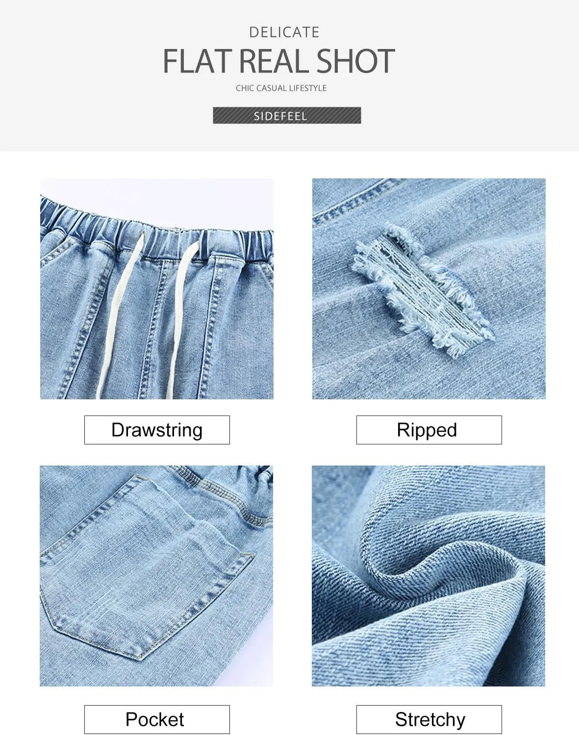 Sidefeel Womens High Waisted Drawstring Jeans Pull On Cargo Joggers Zimbaplatinum Ripped Elastic Waist Denim Pants