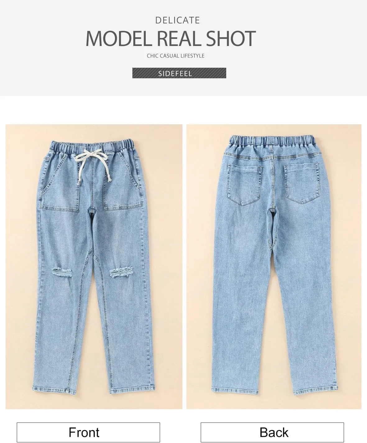 Sidefeel Womens High Waisted Drawstring Jeans Pull On Cargo Joggers Zimbaplatinum Ripped Elastic Waist Denim Pants