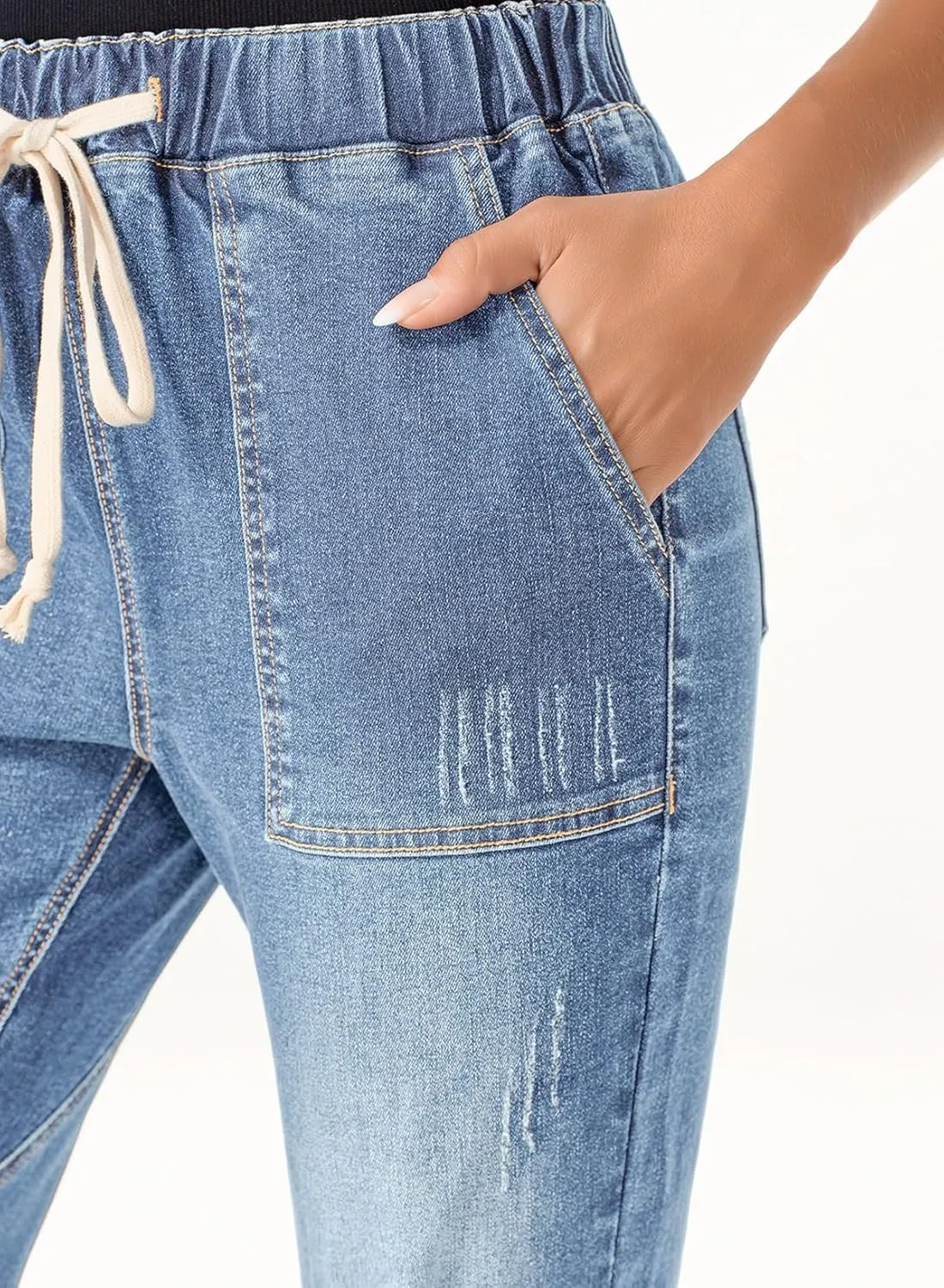 Sidefeel Womens High Waisted Drawstring Jeans Pull On Cargo Joggers Zimbaplatinum Ripped Elastic Waist Denim Pants