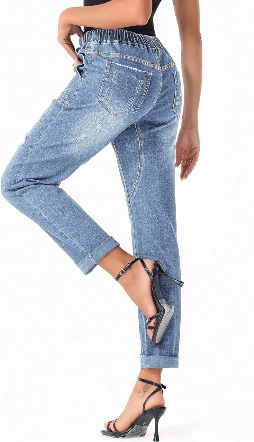 Sidefeel Womens High Waisted Drawstring Jeans Pull On Cargo Joggers Zimbaplatinum Ripped Elastic Waist Denim Pants