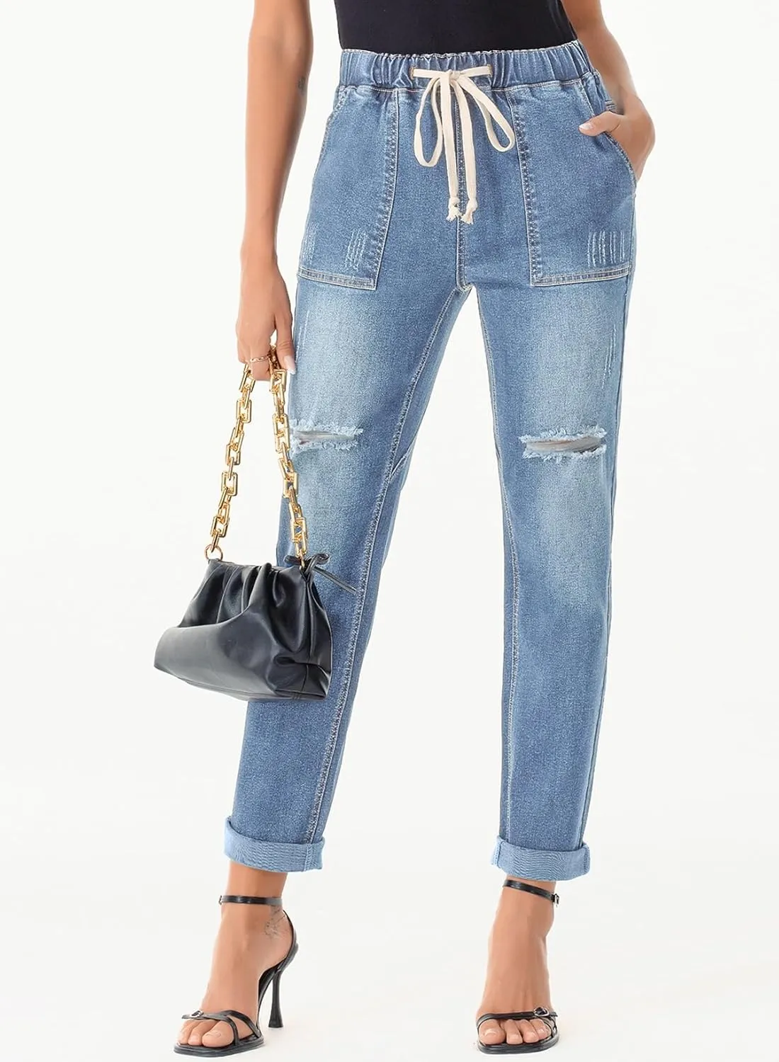 Sidefeel Womens High Waisted Drawstring Jeans Pull On Cargo Joggers Zimbaplatinum Ripped Elastic Waist Denim Pants