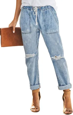 Sidefeel Womens High Waisted Drawstring Jeans Pull On Cargo Joggers Zimbaplatinum Ripped Elastic Waist Denim Pants