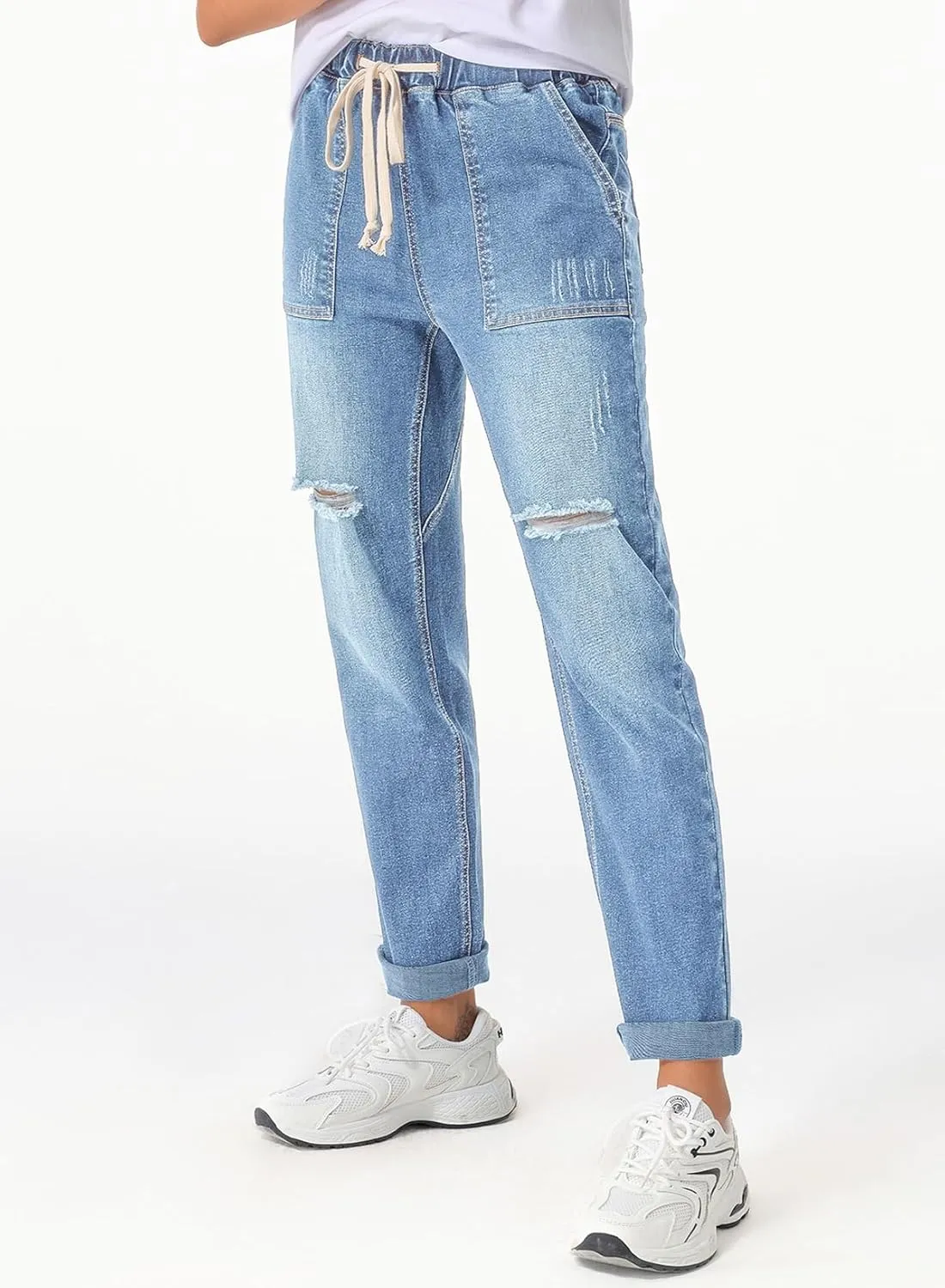 Sidefeel Womens High Waisted Drawstring Jeans Pull On Cargo Joggers Zimbaplatinum Ripped Elastic Waist Denim Pants