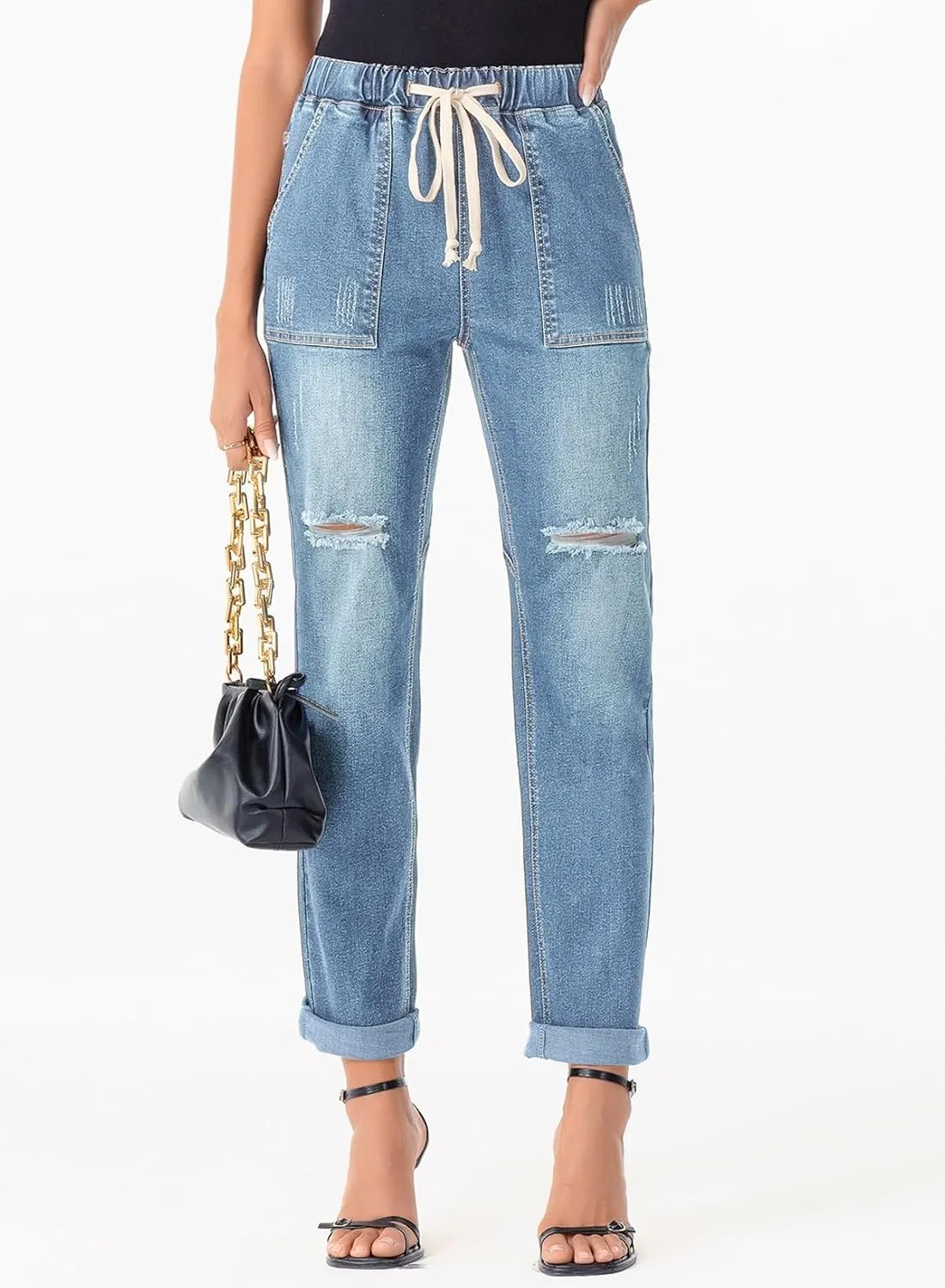 Sidefeel Womens High Waisted Drawstring Jeans Pull On Cargo Joggers Zimbaplatinum Ripped Elastic Waist Denim Pants