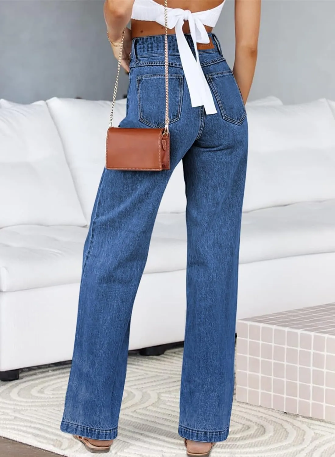 Sidefeel Women's Jeans High Waisted Straight Leg Stretchy Jeans Trendy Welt Pockets Loose Wide Leg Zimbaplatinum Denim Pants