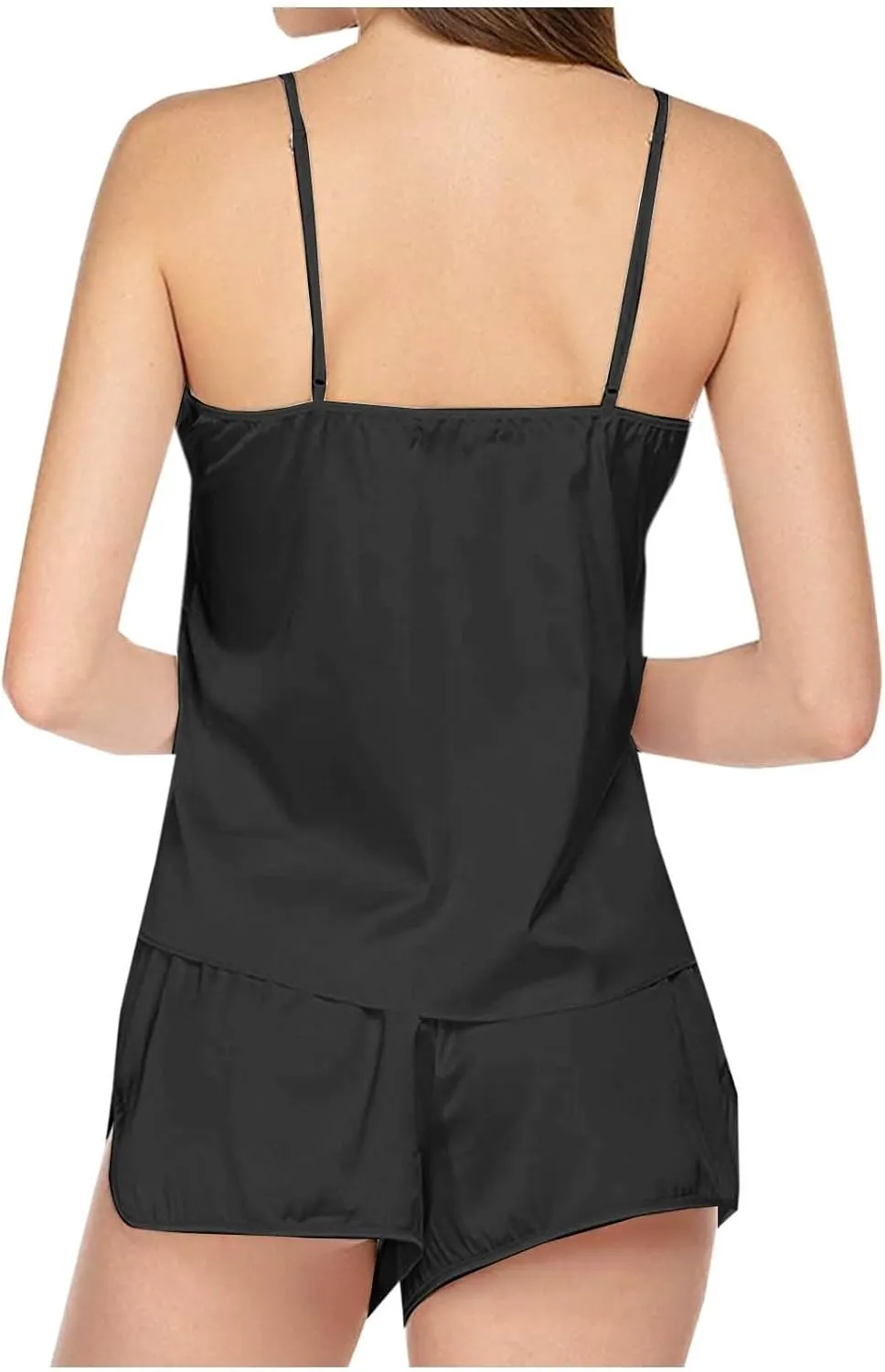 Silk Pajamas 4pc Set for Women Lace Satin Camisole Sleepwear Lingerie V-Neck camisole 2 Pieces Top and 2 Pieces Shorts