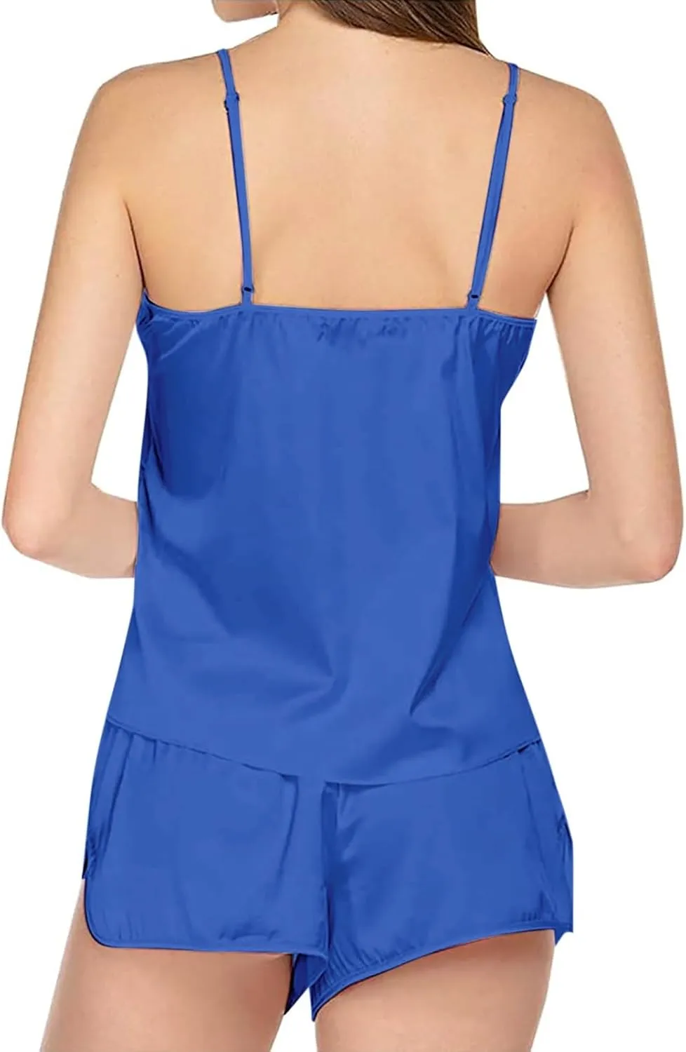 Silk Pajamas 4pc Set for Women Lace Satin Camisole Sleepwear Lingerie V-Neck camisole 2 Pieces Top and 2 Pieces Shorts
