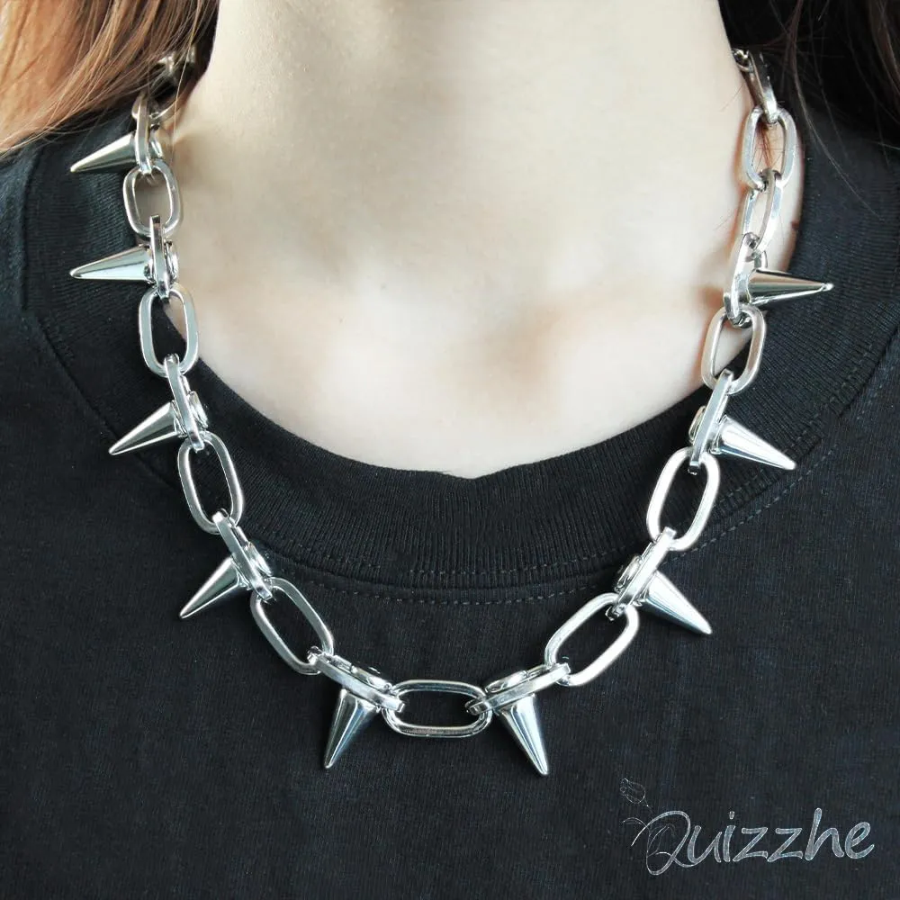 Silver Punk Spiked Chokers Necklaces Rivet Goth Necklaces Chokers with Spikes and Chain Streetwear jewelry Metal Hard Rock Style Men Women Party Night Club Costume Accessories