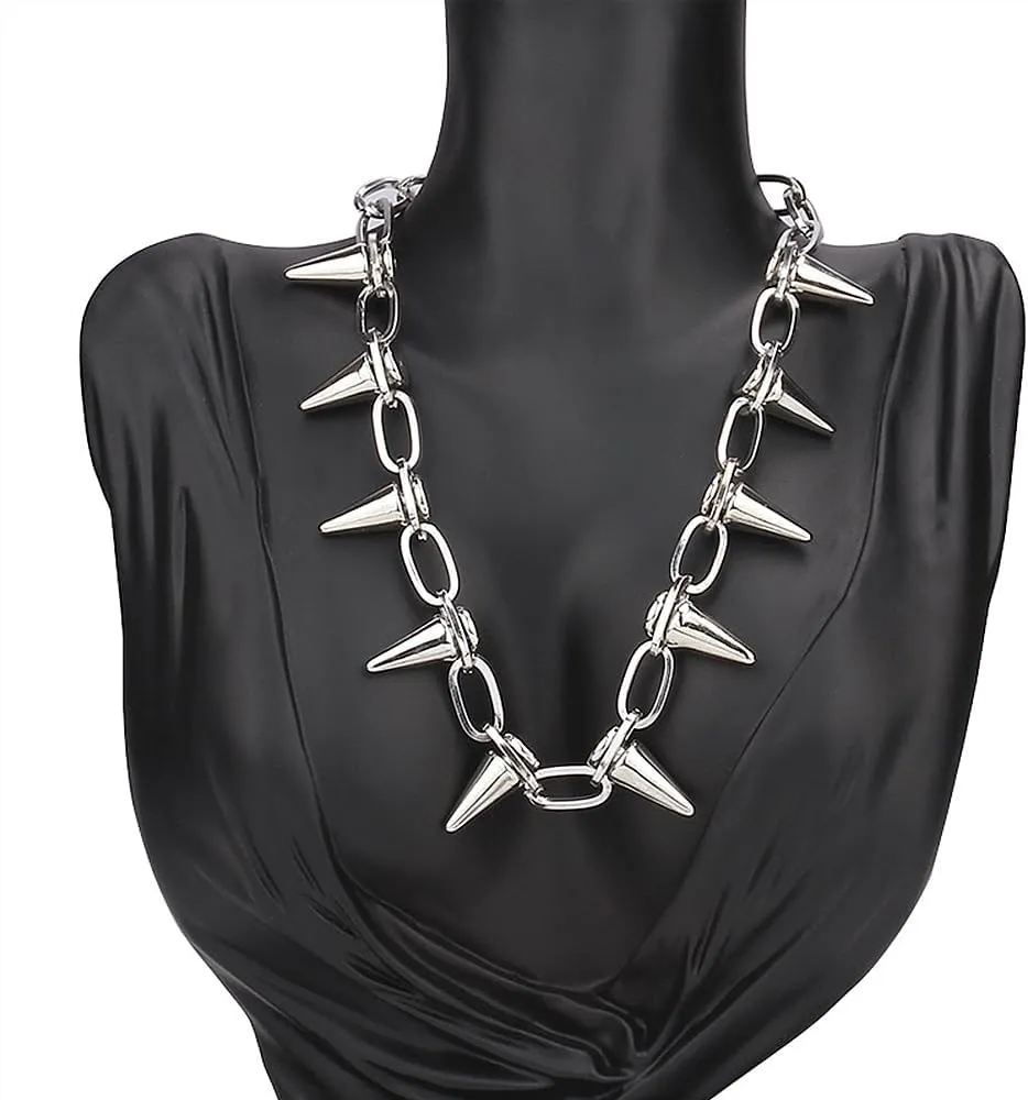 Silver Punk Spiked Chokers Necklaces Rivet Goth Necklaces Chokers with Spikes and Chain Streetwear jewelry Metal Hard Rock Style Men Women Party Night Club Costume Accessories