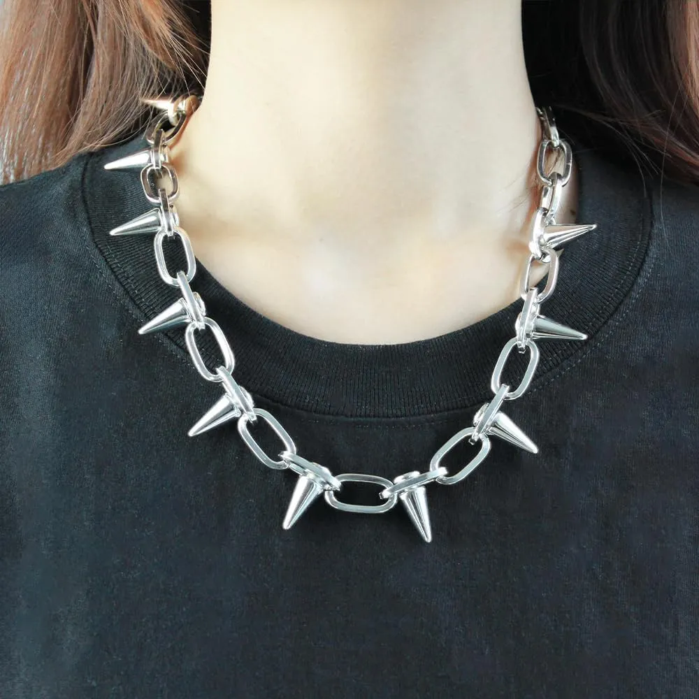 Silver Punk Spiked Chokers Necklaces Rivet Goth Necklaces Chokers with Spikes and Chain Streetwear jewelry Metal Hard Rock Style Men Women Party Night Club Costume Accessories