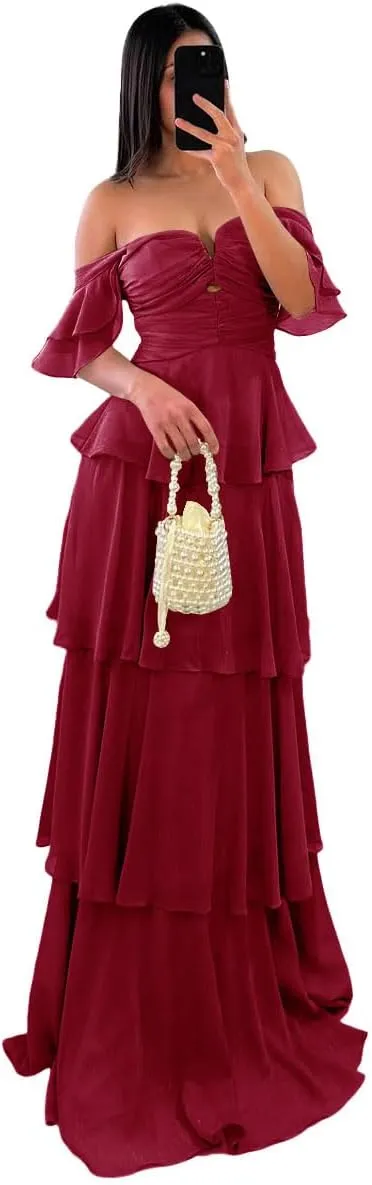 SINRWROD Off The Shoulder Tiered Prom Dresses Chiffon Ruffled Sleeves Bridesmaid Dress Ruched Party Gowns