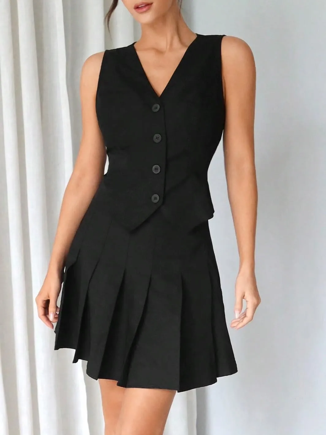 Skirt Sets Women 2 Piece Outfits, Single-Breasted Vest And Pleated Skirt Set For Women
