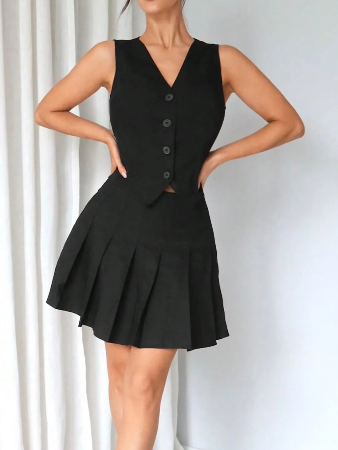 Skirt Sets Women 2 Piece Outfits, Single-Breasted Vest And Pleated Skirt Set For Women