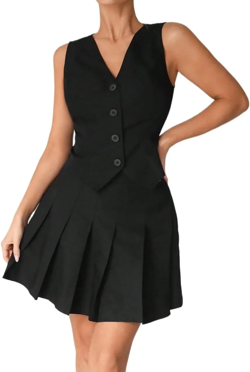 Skirt Sets Women 2 Piece Outfits, Single-Breasted Vest And Pleated Skirt Set For Women