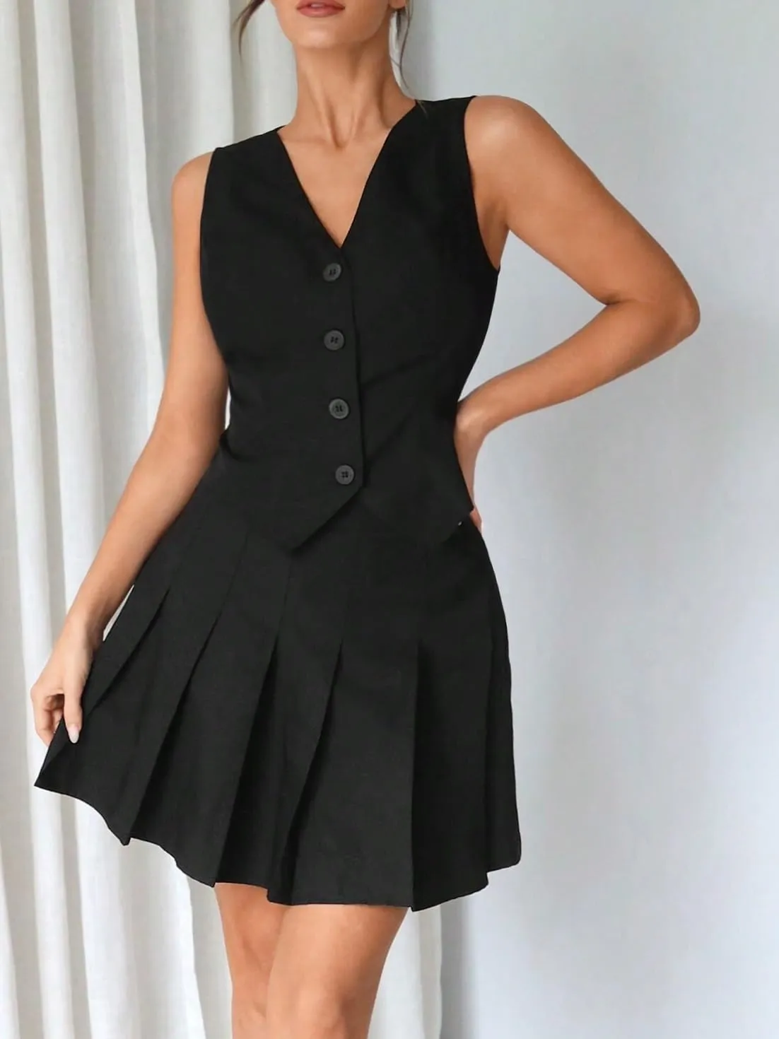 Skirt Sets Women 2 Piece Outfits, Single-Breasted Vest And Pleated Skirt Set For Women