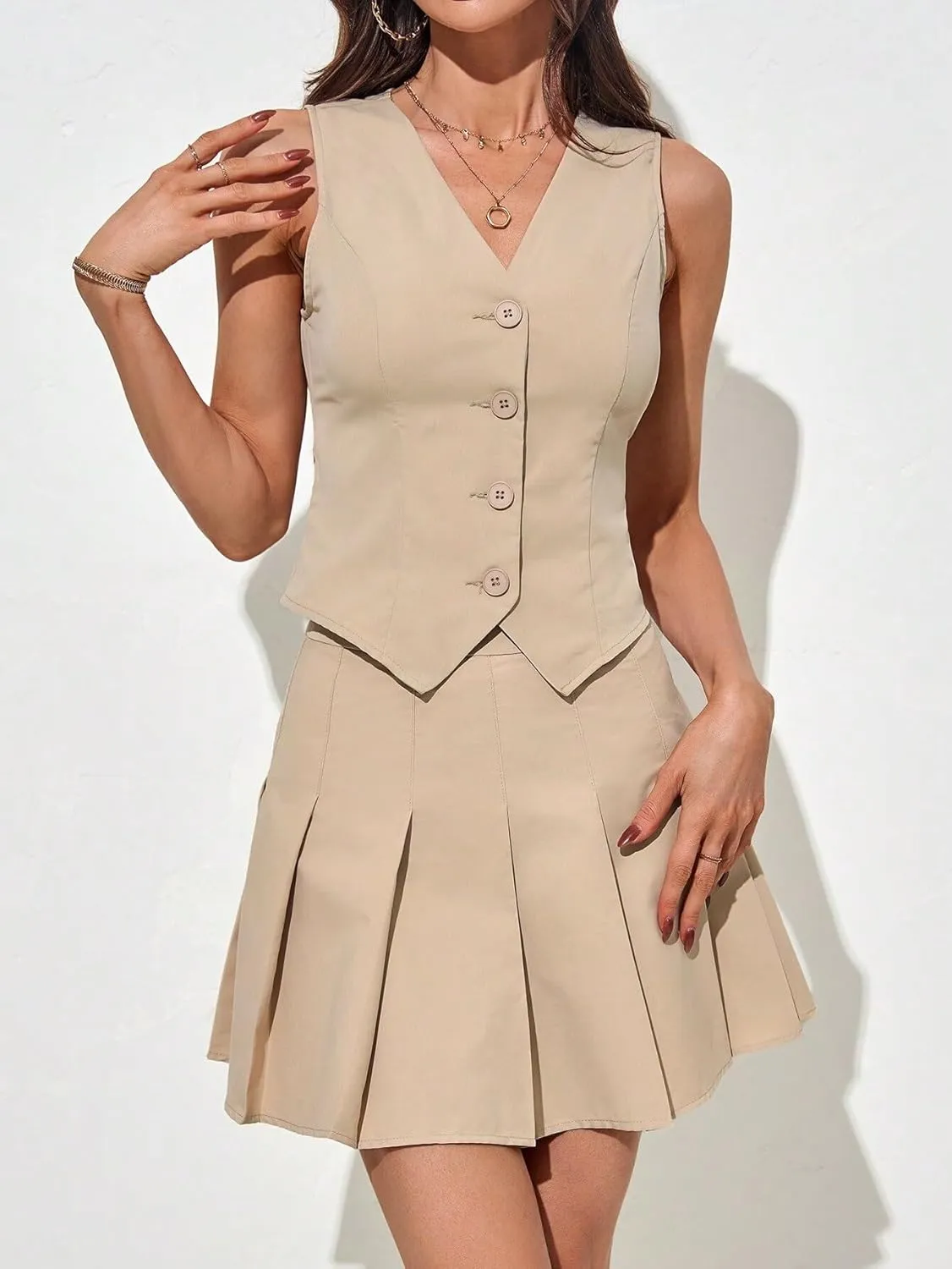 Skirt Sets Women 2 Piece Outfits, Sleeveless Solid Color Vest And Pleated Mini Skirt 2-Piece Set For Women