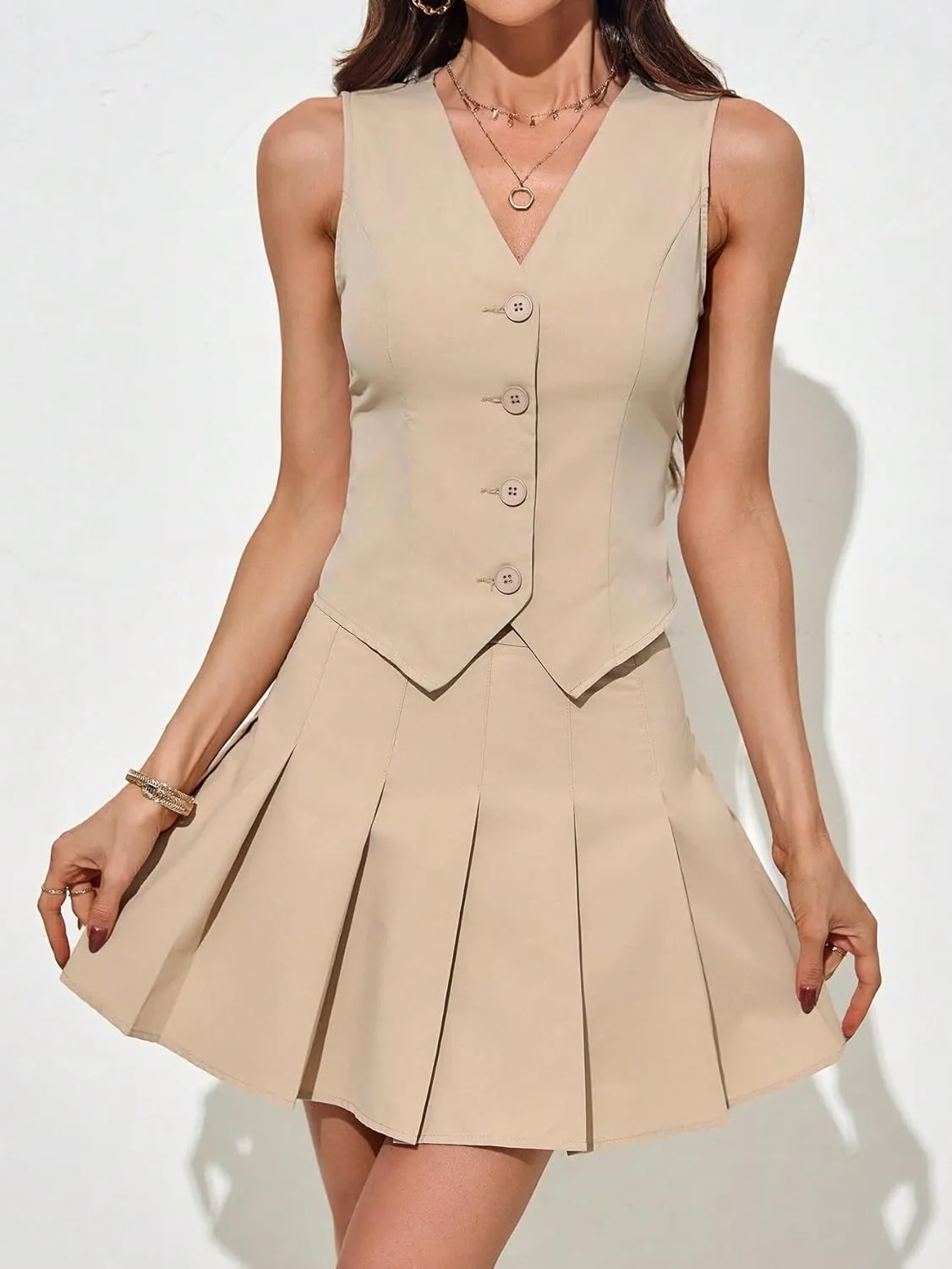 Skirt Sets Women 2 Piece Outfits, Sleeveless Solid Color Vest And Pleated Mini Skirt 2-Piece Set For Women