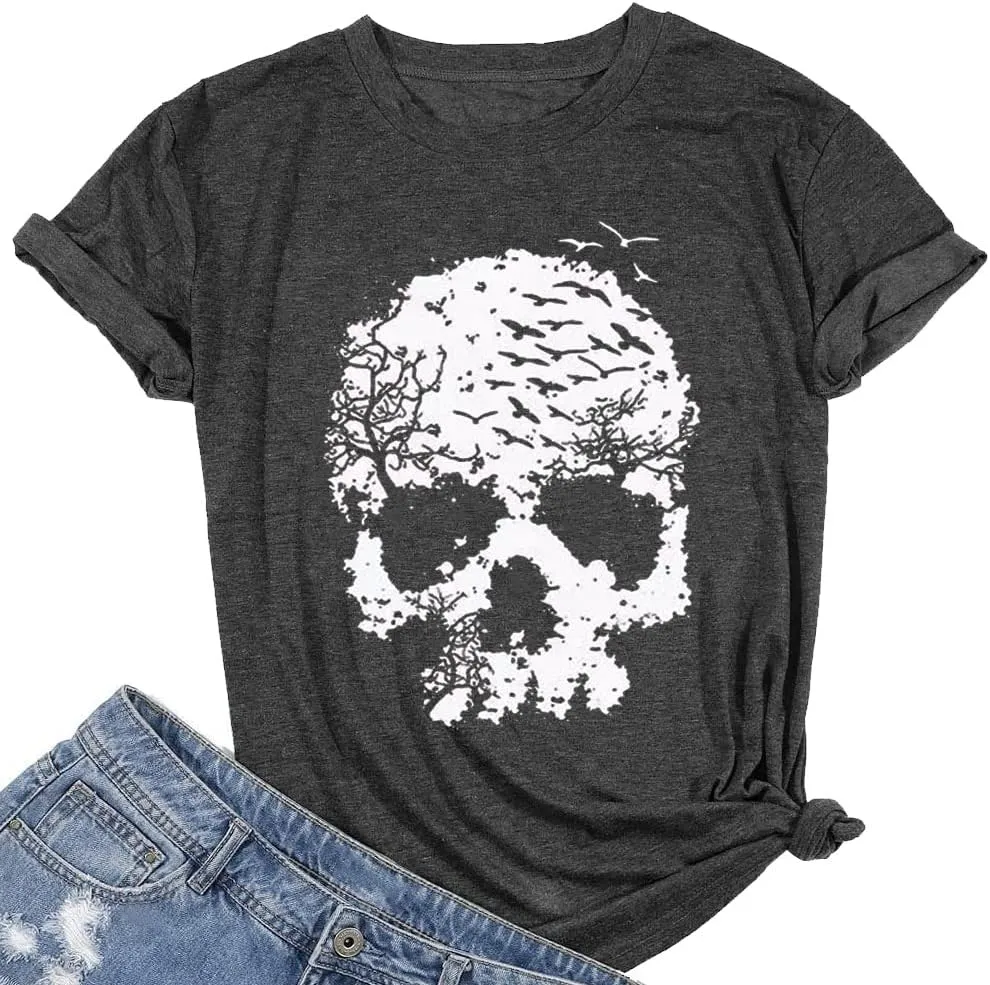 Skull Shirts for Women Funny Gothic Graphic T-Shirts Novelty Horror Tee Casual Athletic Tops