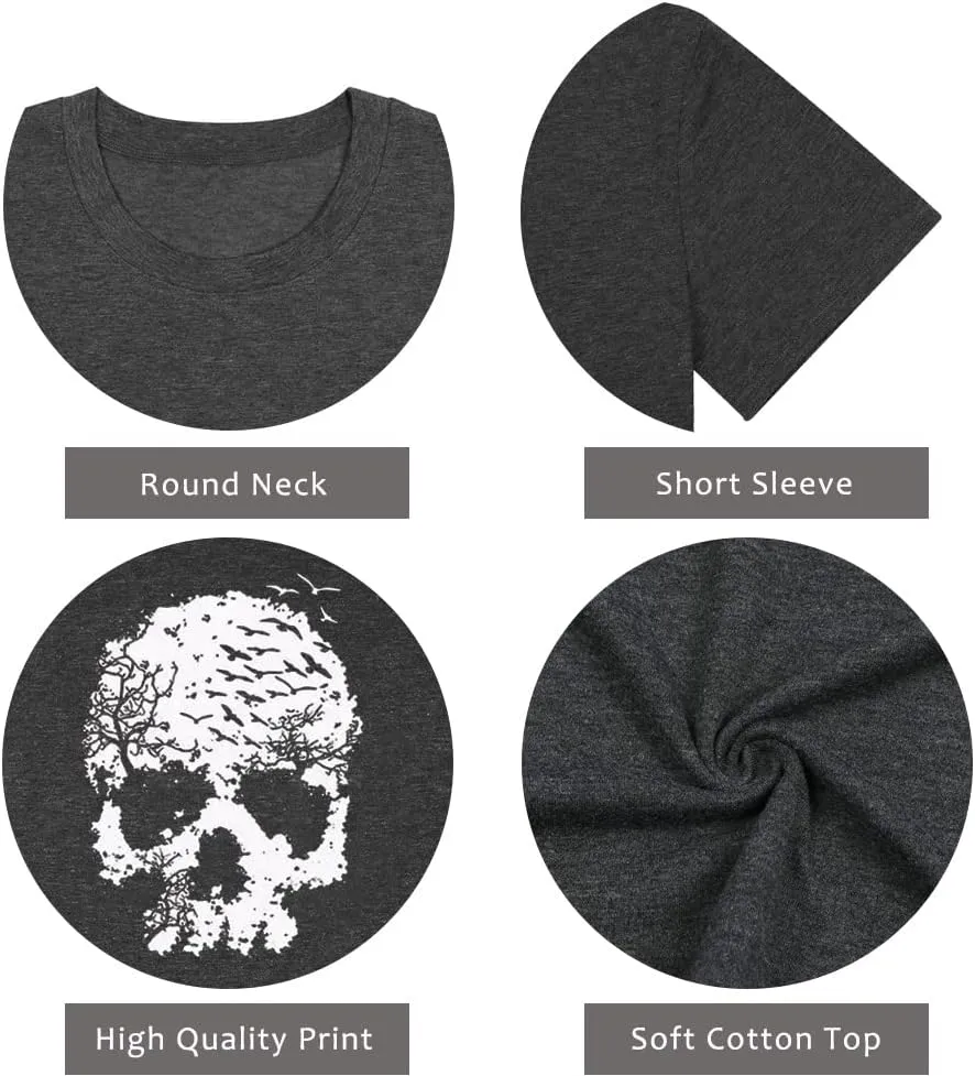 Skull Shirts for Women Funny Gothic Graphic T-Shirts Novelty Horror Tee Casual Athletic Tops