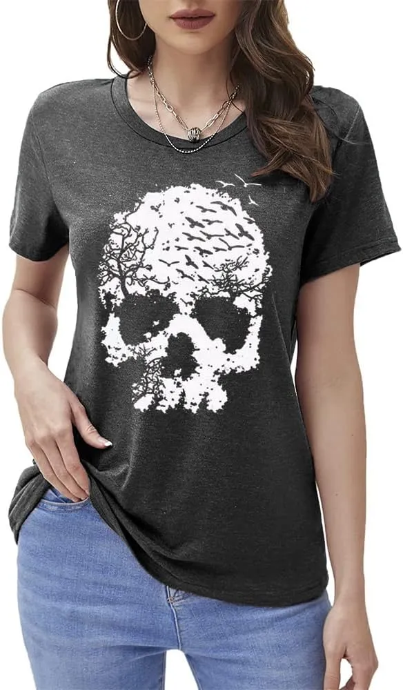 Skull Shirts for Women Funny Gothic Graphic T-Shirts Novelty Horror Tee Casual Athletic Tops