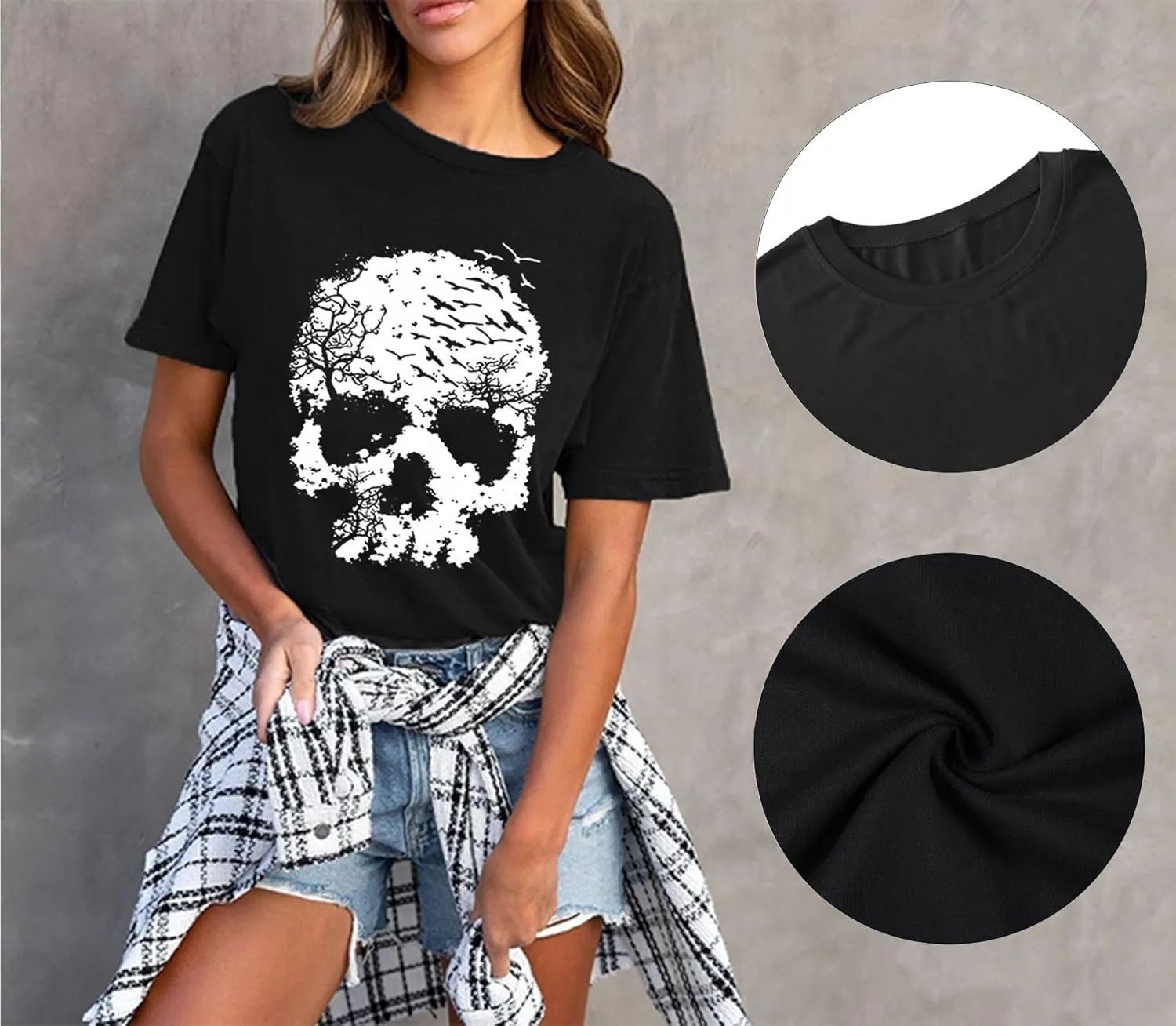 Skull Shirts for Women Funny Gothic Graphic T-Shirts Novelty Horror Tee Casual Athletic Tops