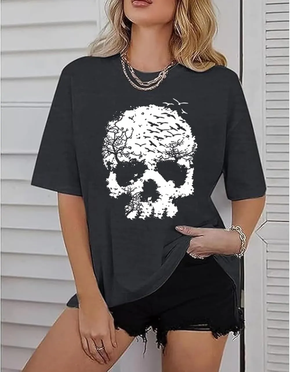 Skull Shirts for Women Funny Gothic Graphic T-Shirts Novelty Horror Tee Casual Athletic Tops